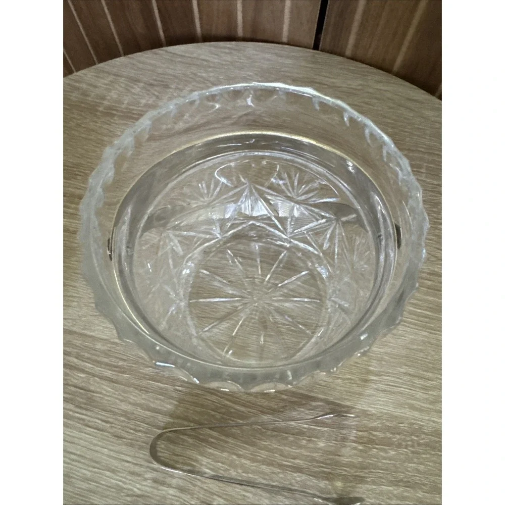 Vintage Heavy Crystal Ice Bucket With Chrome Tongs And Handle